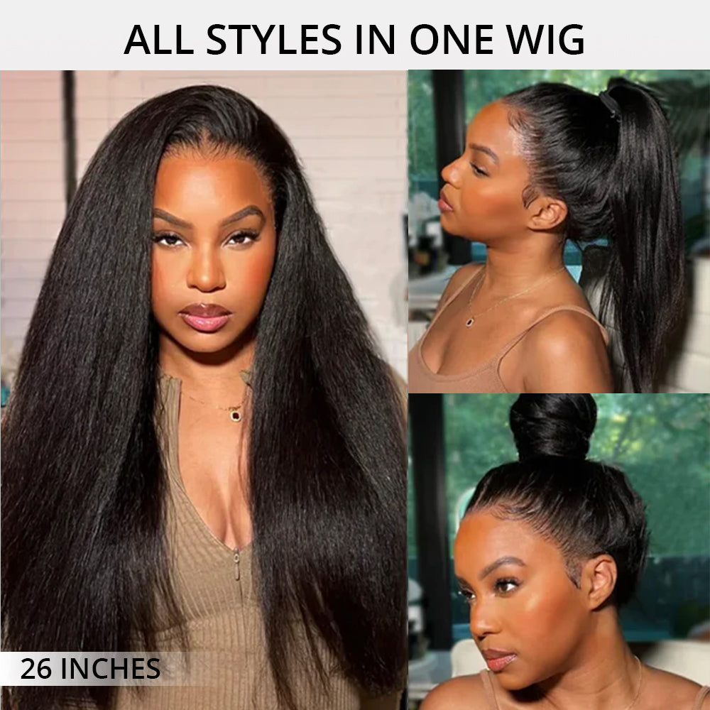 Zlike Pre Bleached Yaki Straight Invisi-Band 360 Lace Frontal Wig Glueless Human Hair Wigs