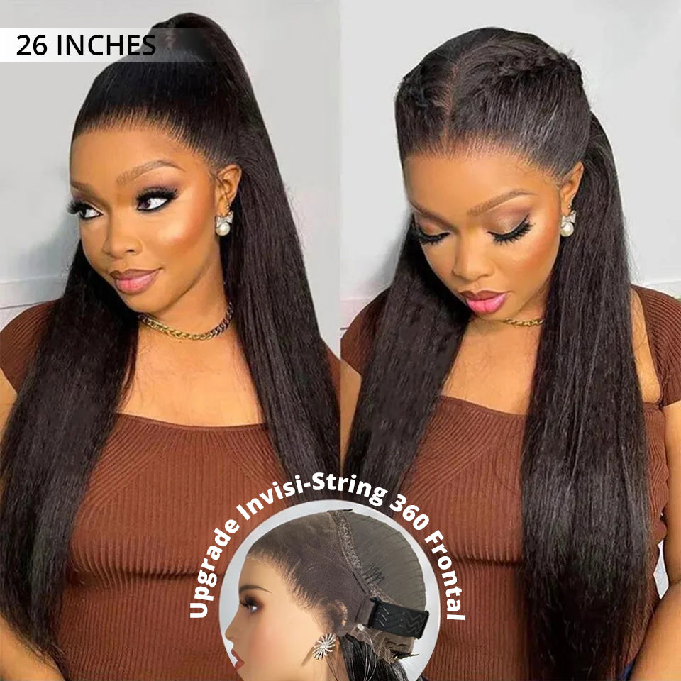 Zlike Pre Bleached Yaki Straight Invisi-Band 360 Lace Frontal Wig Glueless Human Hair Wigs