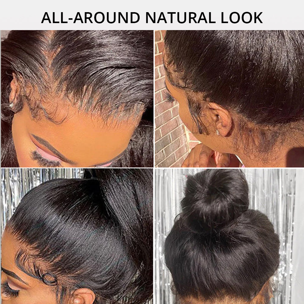 Zlike Pre Bleached Yaki Straight Invisi-Band 360 Lace Frontal Wig Glueless Human Hair Wigs
