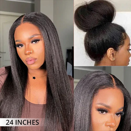 Zlike Pre Bleached Yaki Straight Invisi-Band 360 Lace Frontal Wig Glueless Human Hair Wigs