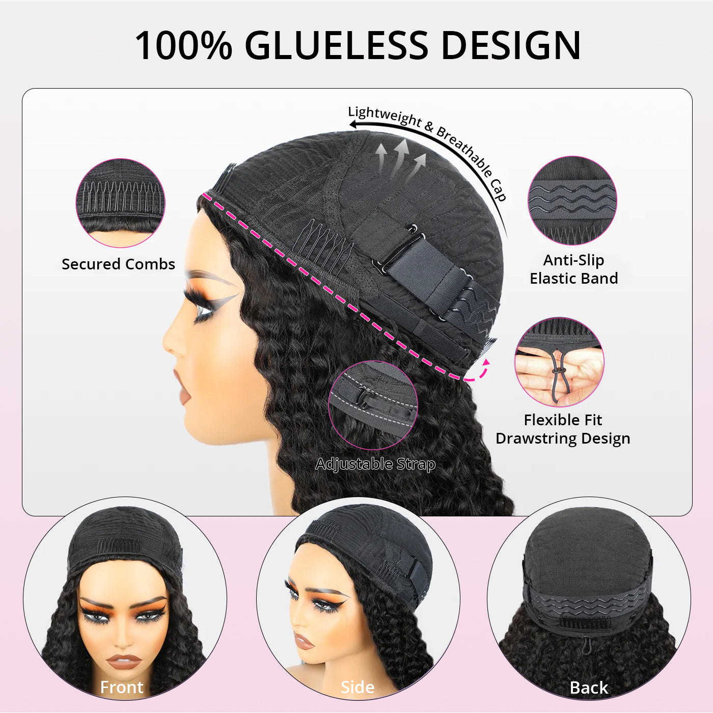 3 In 1 Half Wigs Afro Curly Flexible Fit with Elastic Drawstring Glueless Human Hair Wigs