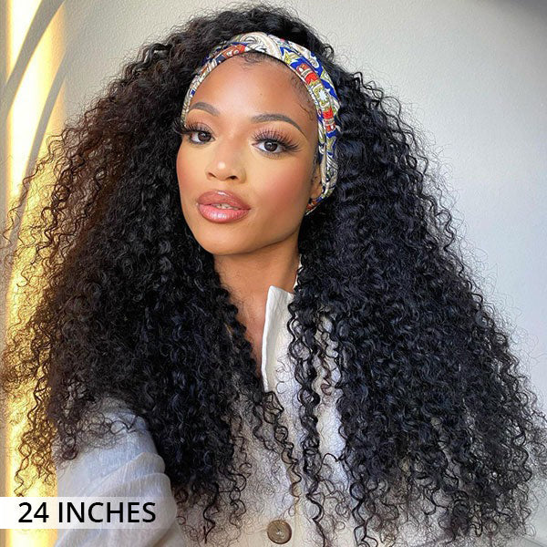 3 In 1 Half Wigs Afro Curly Flexible Fit with Elastic Drawstring Glueless Human Hair Wigs