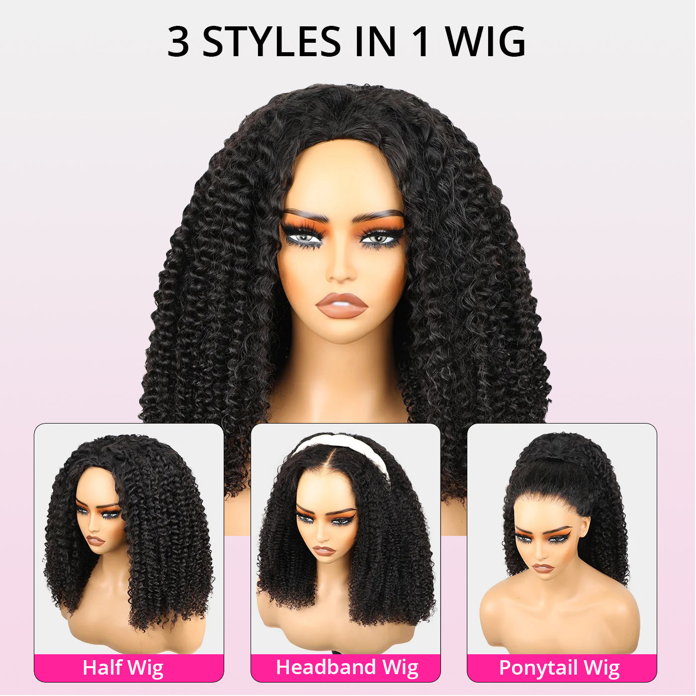 3 In 1 Half Wigs Afro Curly Flexible Fit with Elastic Drawstring Glueless Human Hair Wigs