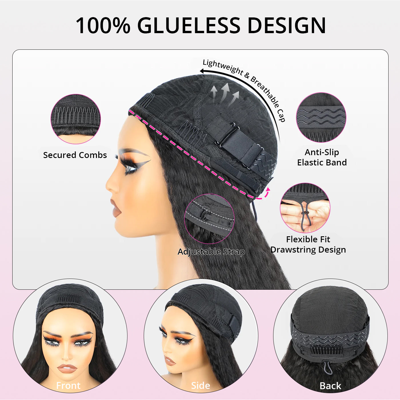 3 In 1 Half Wigs Easy Wear Kinky Straight Half Wigs With Elastic Drawstring Comfortable Fit No Glue Needed