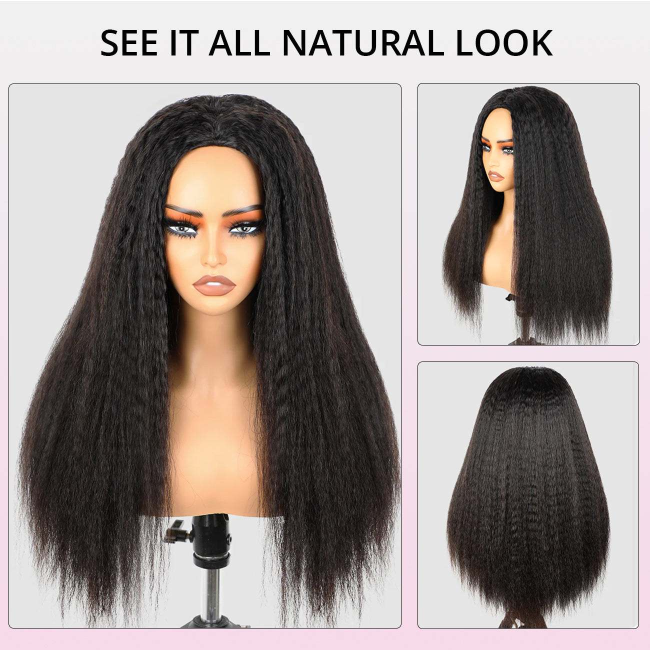 3 In 1 Half Wigs Easy Wear Kinky Straight Half Wigs With Elastic Drawstring Comfortable Fit No Glue Needed