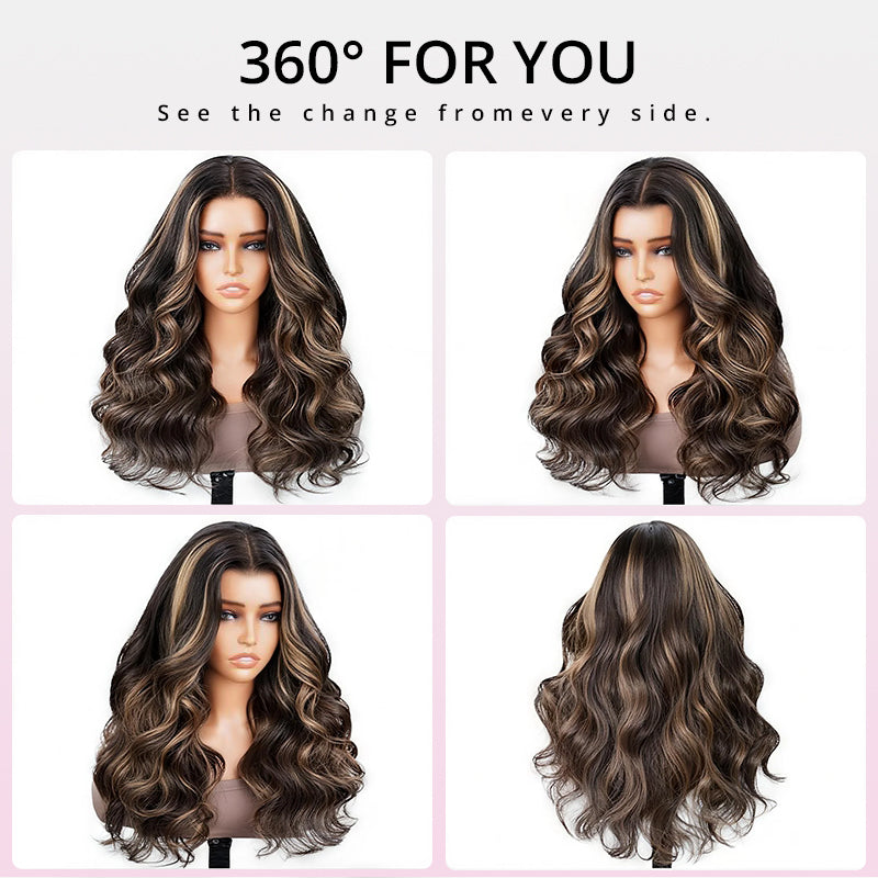 Balayage Highlight Colored Body Wave Wigs Transparent Lace Human Hair Wigs Natural Hairline