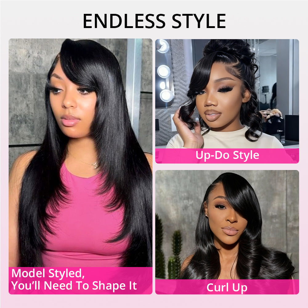 Zlike Y2k Layered Cut Straight Wigs 100% Human Hair Lace Closure Wigs With Side Bangs