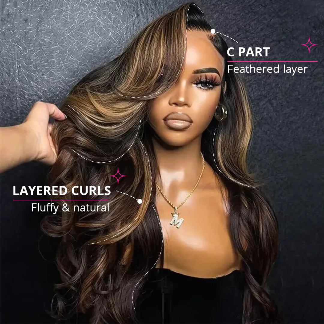 Zlike Balayage Brown Highlight Feathered Layer 13x6 Lace Front Wigs Glueless Pull & Go Pre-Styled Human Hair Wigs