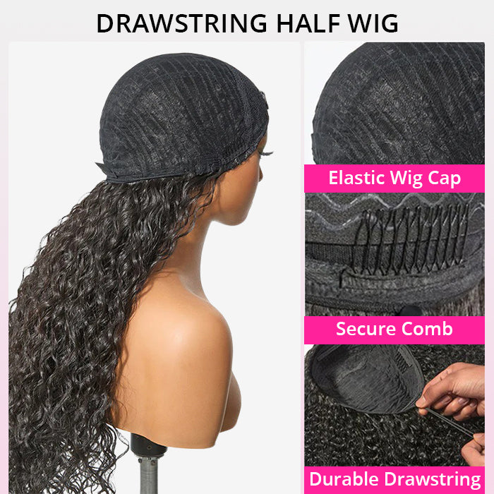 Zlike 3 In 1 Half Wigs Shaggy Wave Flexible Fit Half Wig With Elastic Drawstring Glueless Human Hair Wigs