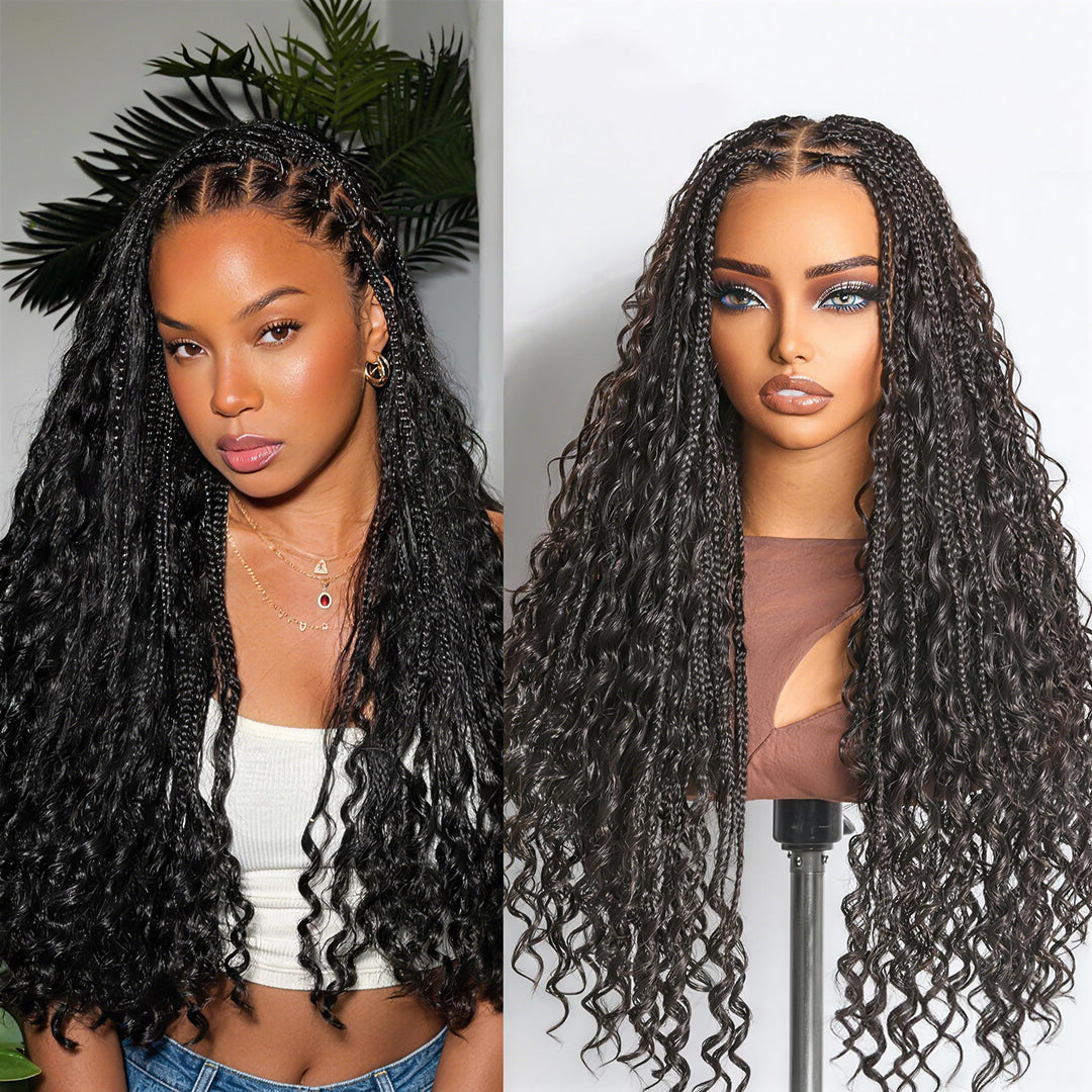 Zlike Water Wave Boho Braids Glueless Pre-Cut Lace Front Long Wigs Human Hair Wigs With Braided Top