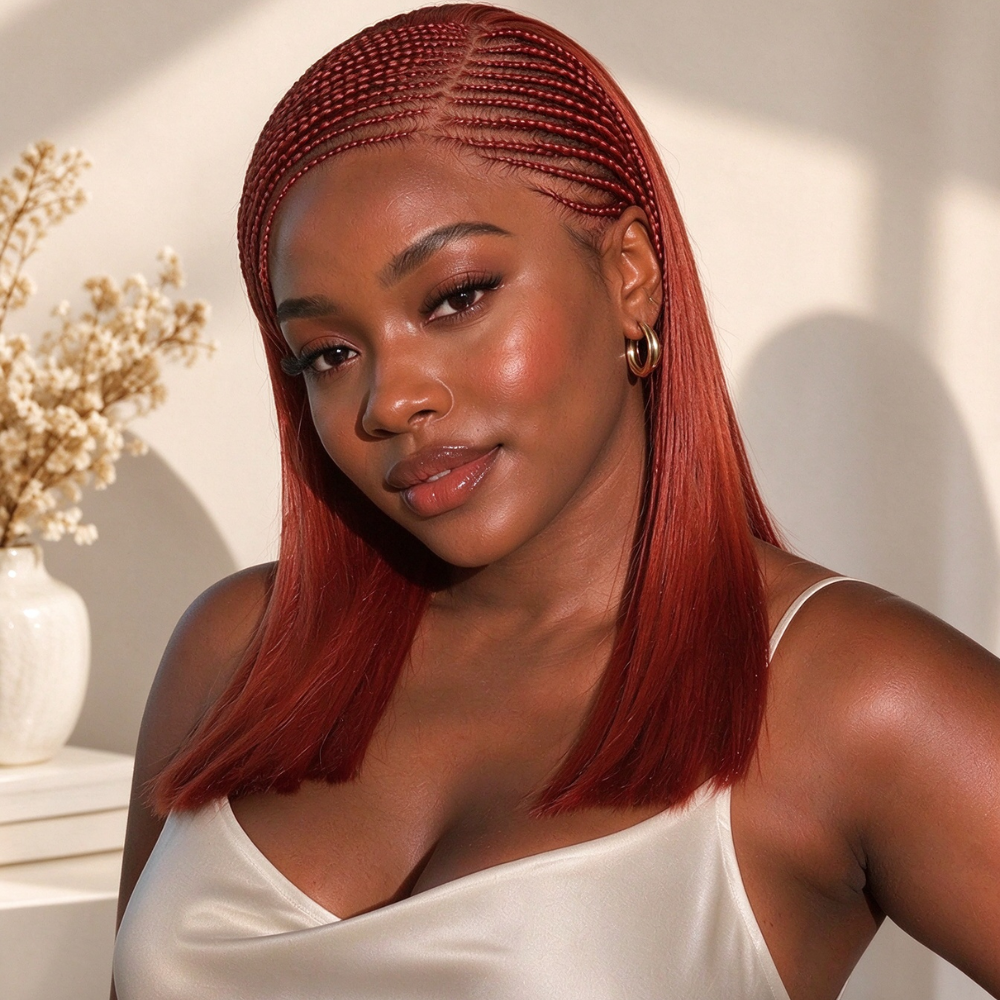Zlike Fulani Braids Copper Red Straight Frontal Lace Bob Wig Pre-Cut 13x4 Transparent Lace Wigs Pre-Braided Bob Wigs