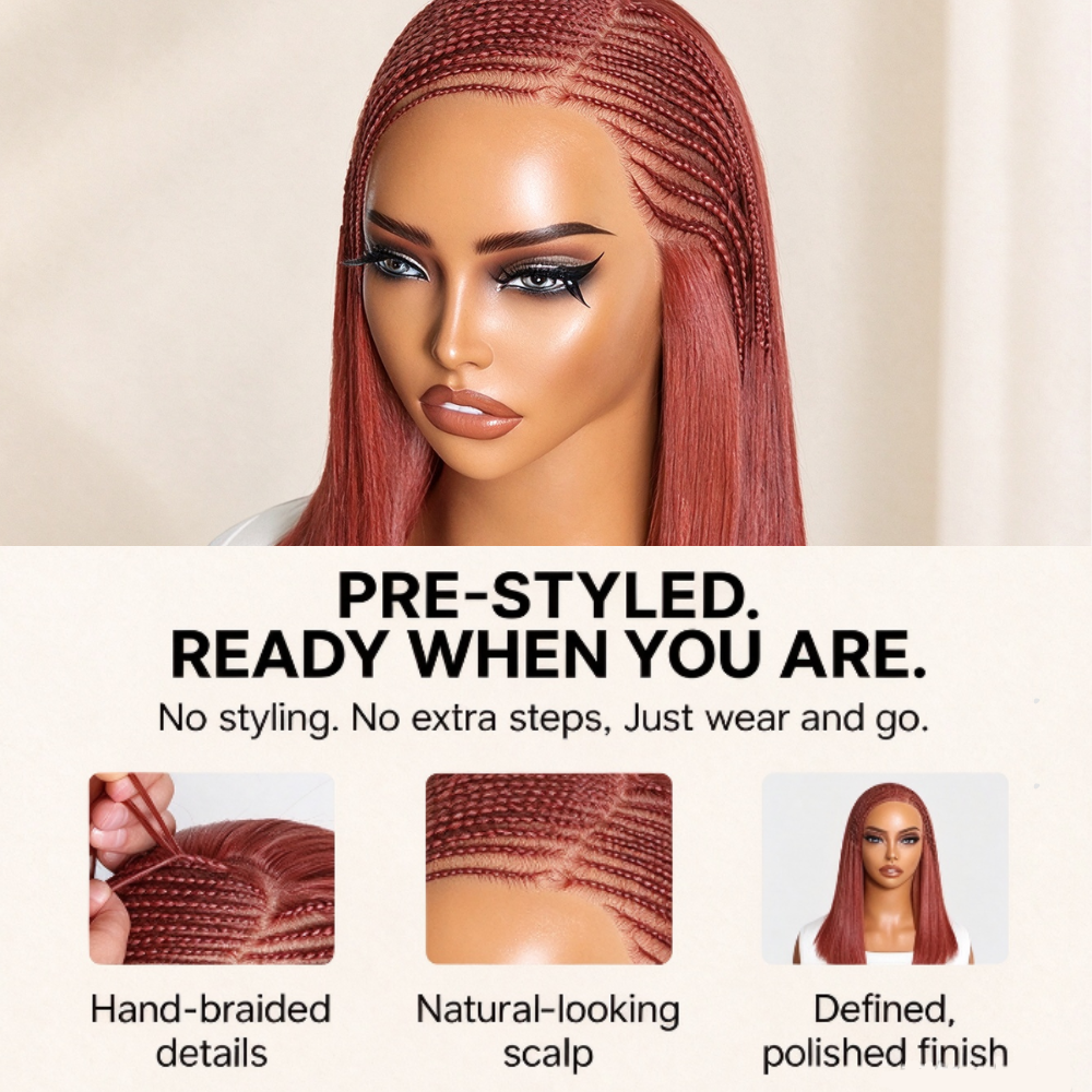 Zlike Fulani Braids Copper Red Straight Frontal Lace Bob Wig Pre-Cut 13x4 Transparent Lace Wigs Pre-Braided Bob Wigs