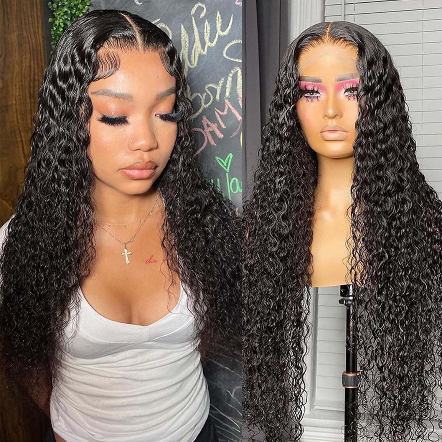 Pre Bleached Knots Water Wave 13×4 Transparent Lace Wig High Density 100% Human Hair Wigs For Women