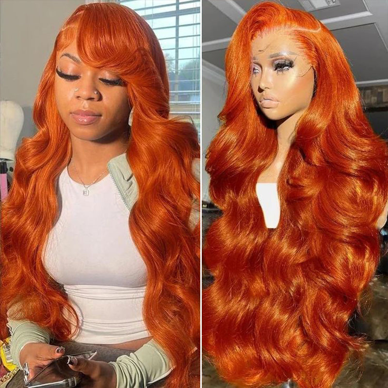 350 Ginger Orange Body Wave Wig Transparent Lace Front Wig High Density Human Hair Wigs