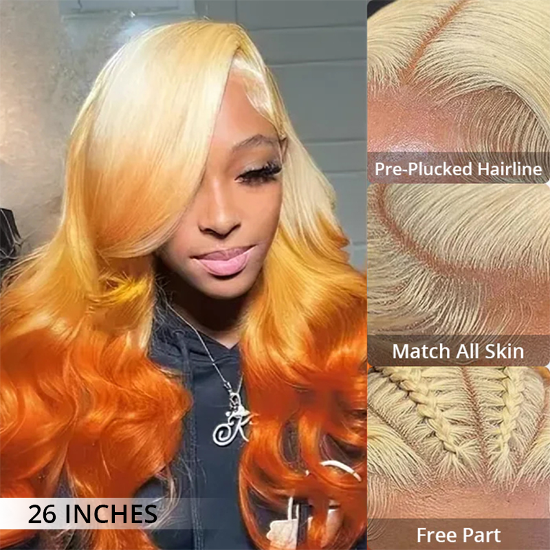Zlike 613 Blonde Ombre Highlight Ginger Orange 13x4 Transparent Lace Front Human Hair Wigs