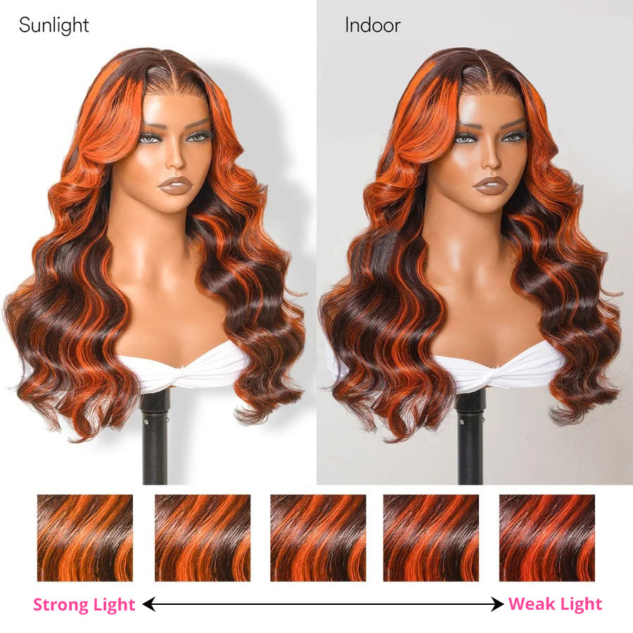 Zlike Ginger Highlight Body Wave Wig 360 Lace Frontal Invisi Strap Snug Fit Human Hair Wigs
