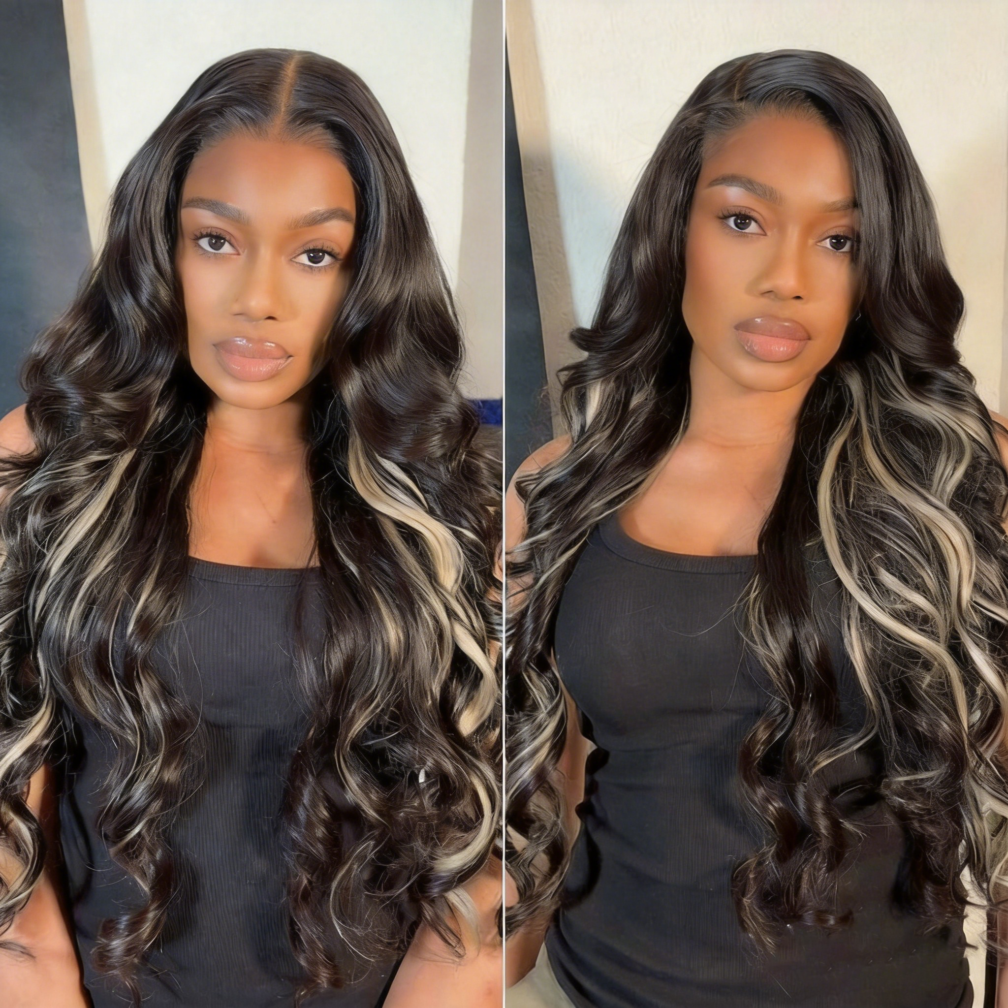 Zlike 1B/613 Black to Blonde Body Wave Middle Part Human Hair Wigs Glueless Drawstring Wigs