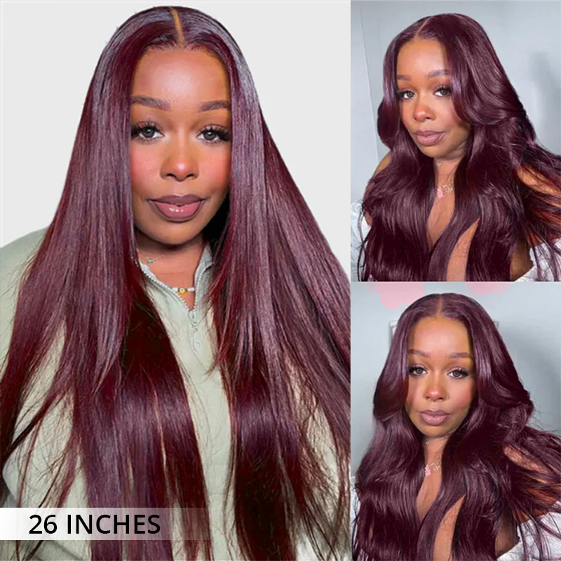 Zlike Pull Go 13x6 Pre Cut Lace Front Wigs Dark Plum Glueless Wigs Body Wave With Drawstring 100% Human Hair Wig