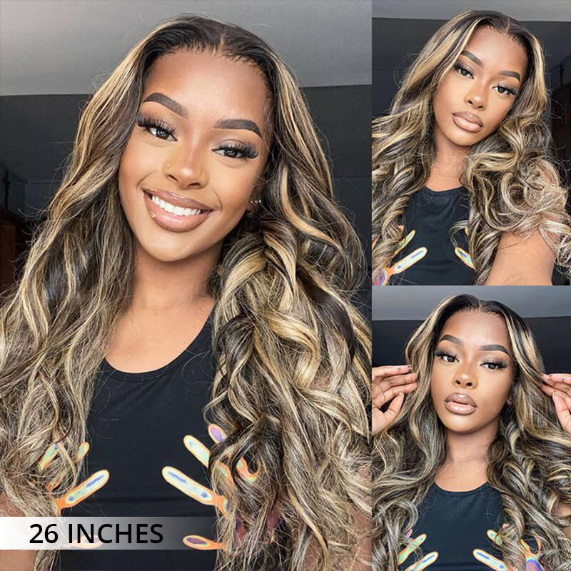 Balayage Highlight Colored Body Wave Wigs Transparent Lace Human Hair Wigs Natural Hairline
