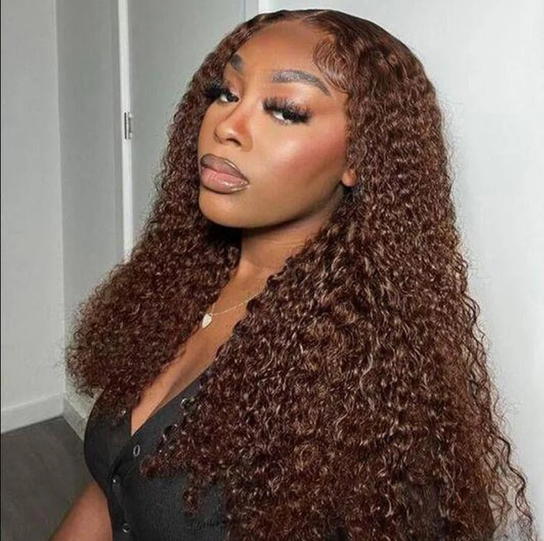 #4 Chocolate Brown Invisi-Band 360 Lace Frontal Wig Water Wave Pre Plucked Human Hair Wigs