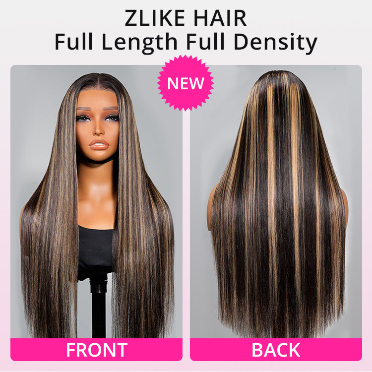Zlike 300% Density Highlight Balayage Piano Colored Straight Body Wave Wigs Human Hair Lace Front Super Invisible Lace Wig