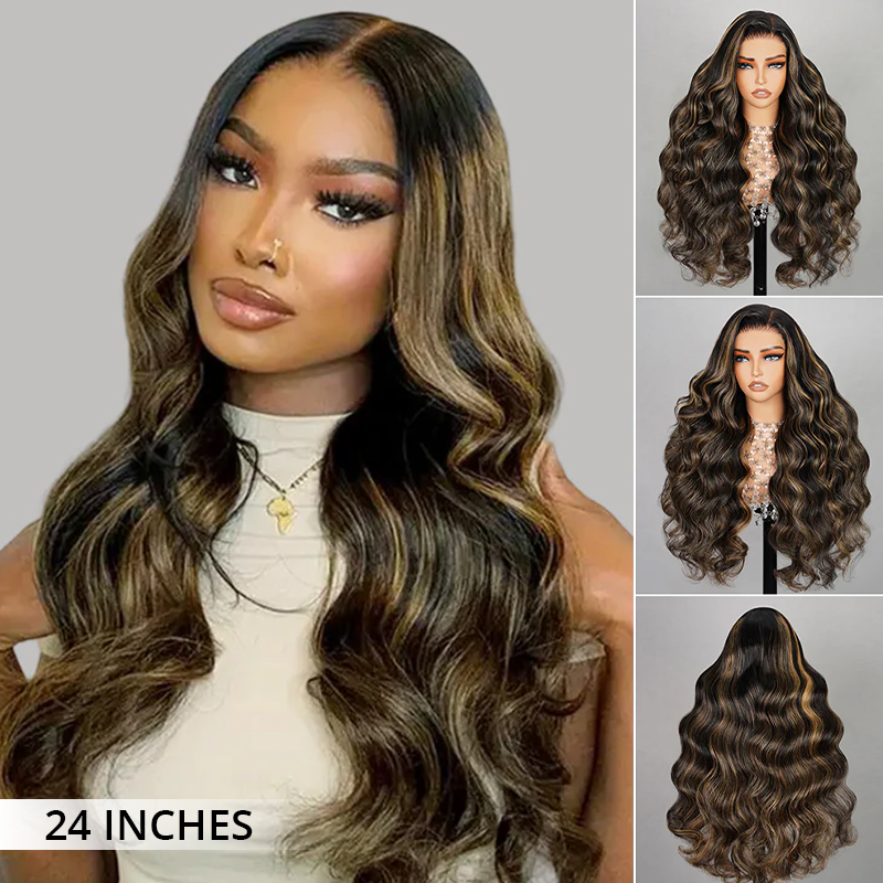 Zlike 300% Density Highlight Balayage Piano Colored Straight Body Wave Wigs Human Hair Lace Front Super Invisible Lace Wig