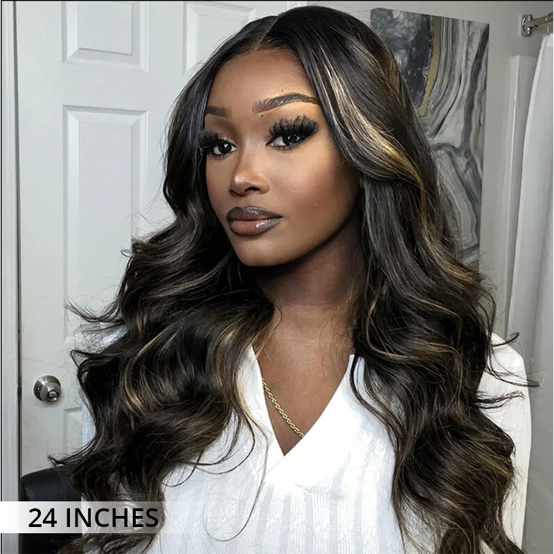 Golden Highlight Colored Body Wave Wigs Pre Cut Lace Front Human Hair Glueless Wigs With Natural Hairline