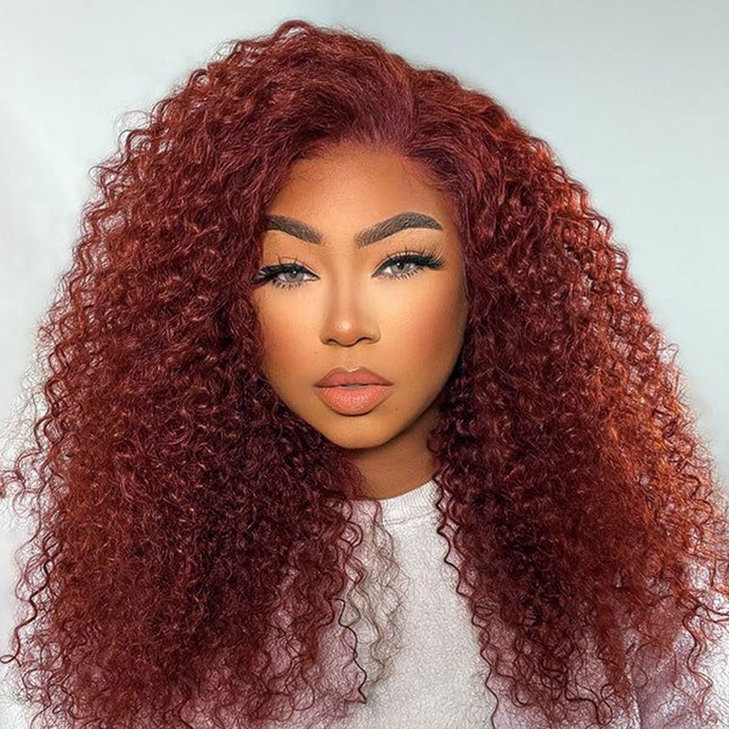 Zlike Pre Plucked Reddish Brown Kinky Curly Lace Front Human Hair Wigs Natural Hairline