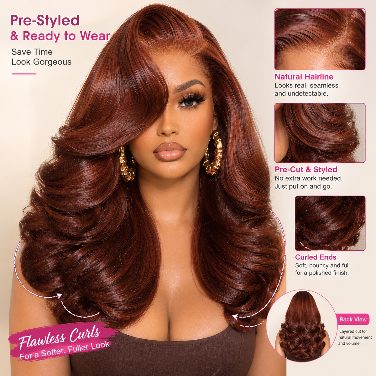 Zlike Copper Red Colored Human Hair Wig Layered Body Wave Ready To Go Wigs with Curtain Bangs