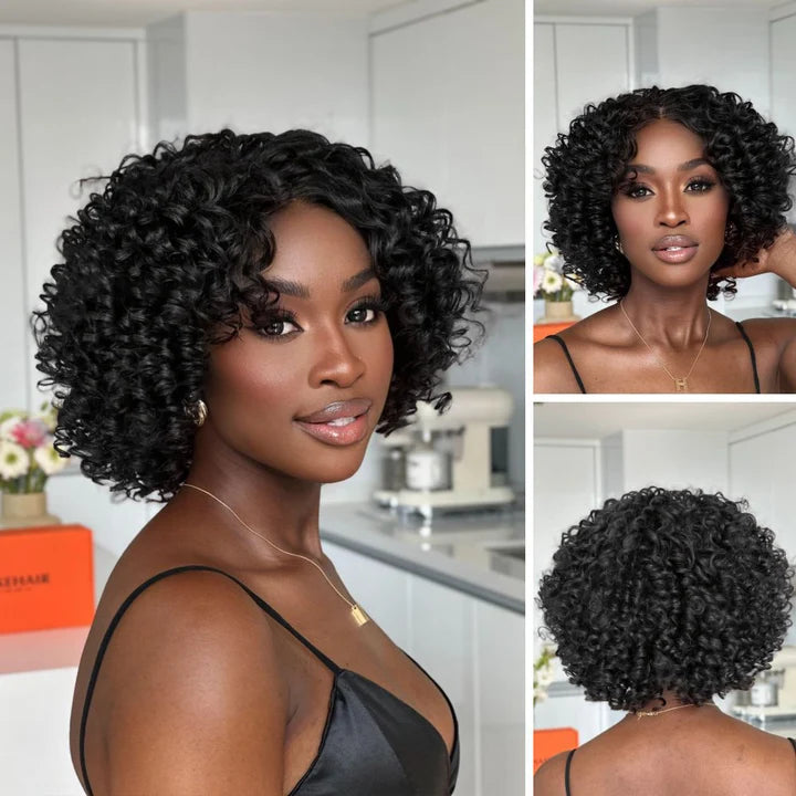 Zlike 250% Density Retro Pixie Curly 7X5 Glueless Lace Human Hair Wig With Bangs
