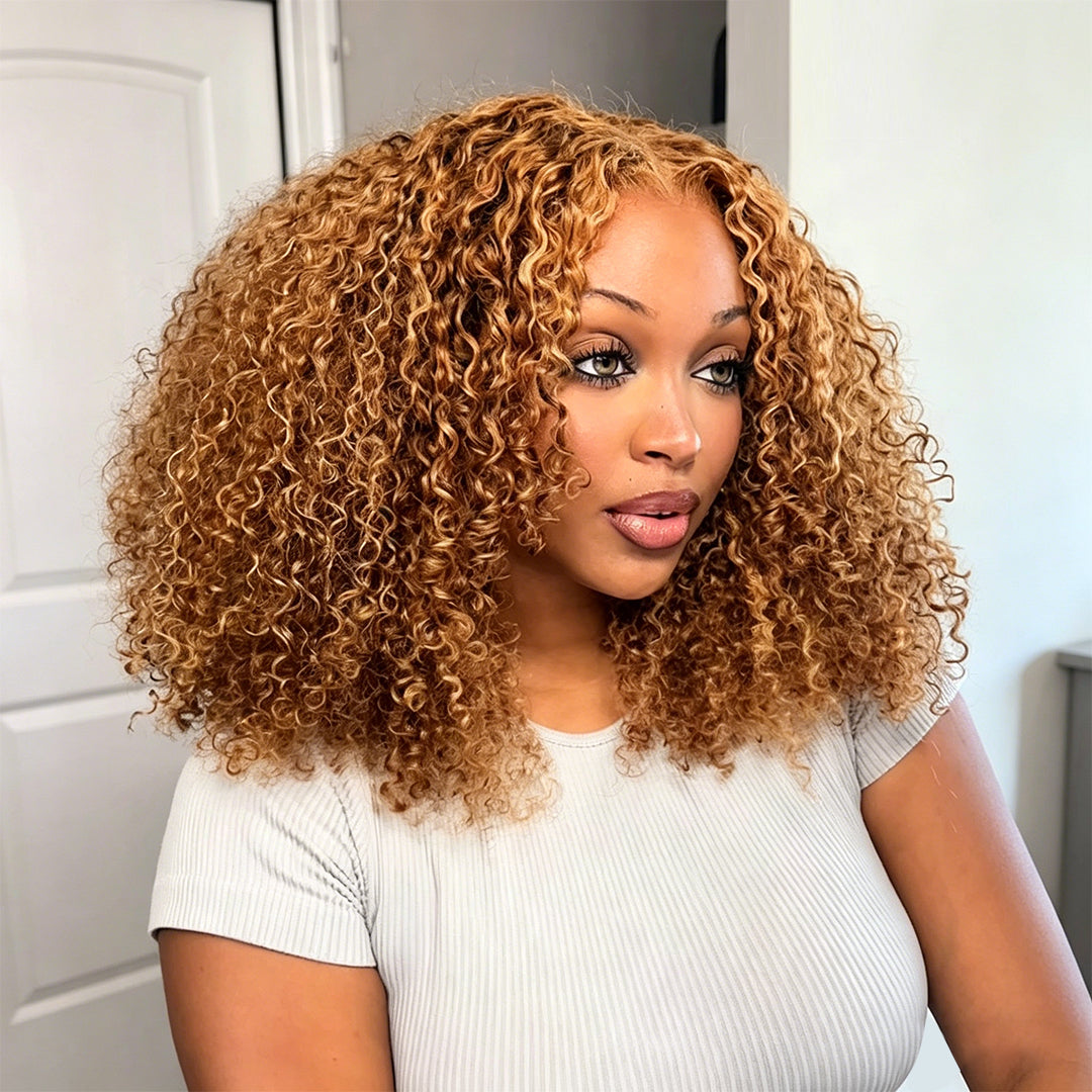Styled Wig | Honey Blonde Highlights Kinky Curly Short Bob Wig Glueless Lace Closure Bob Wigs