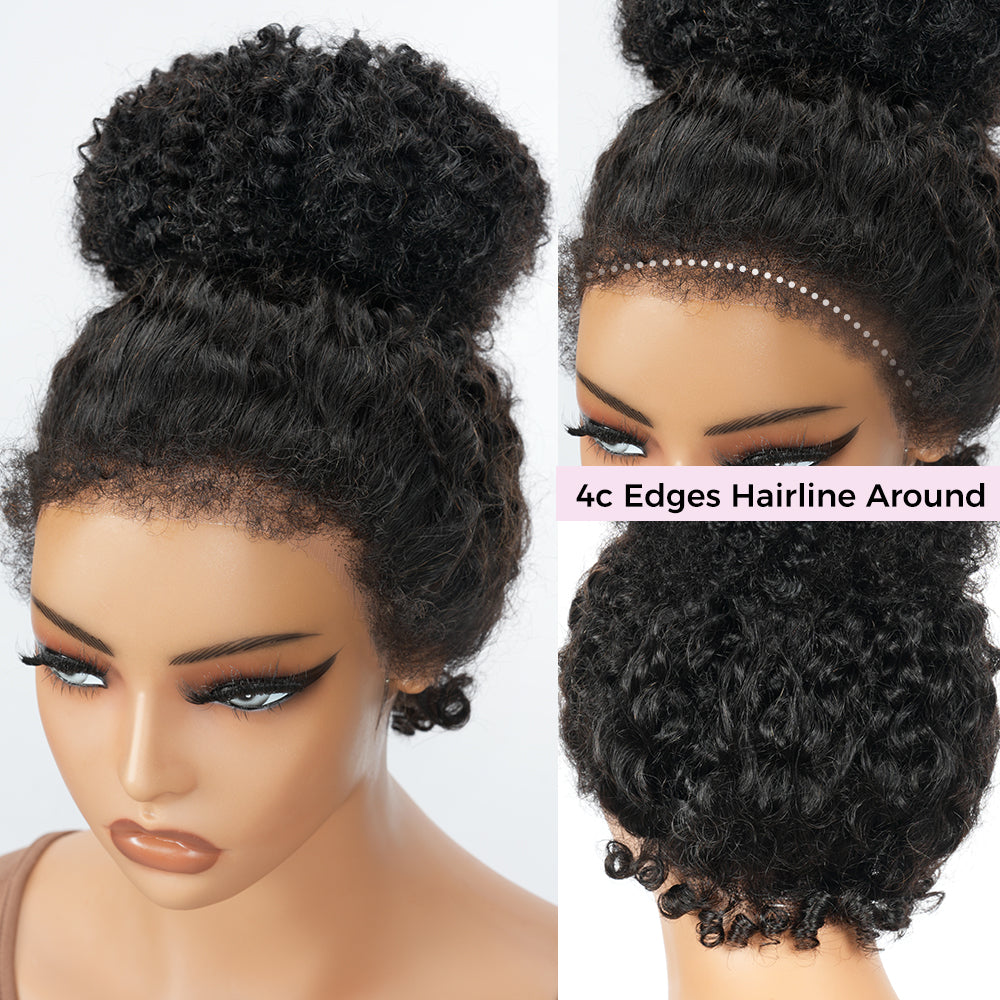 4C Curly Edges Invisi-Band 360 Kinky Curly Lace Front Wig Pre Bleached Human Hair Wigs With Curly Baby Hair