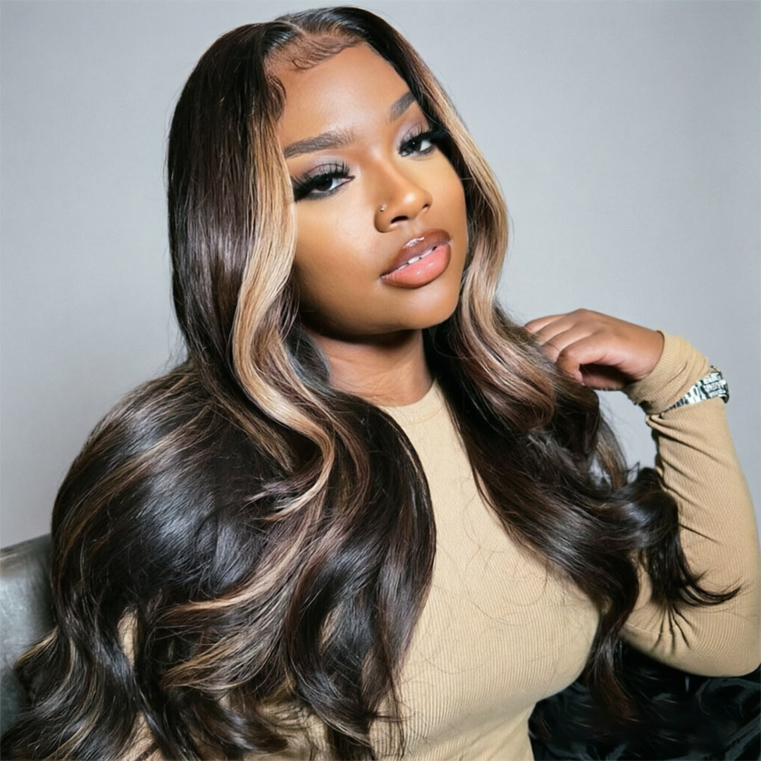 Zlike Money Piece Brown Body Wave Transparent Lace Front Wigs Glueless Human Hair Wigs with Drawstring Skunk Stripe Highlight for Women