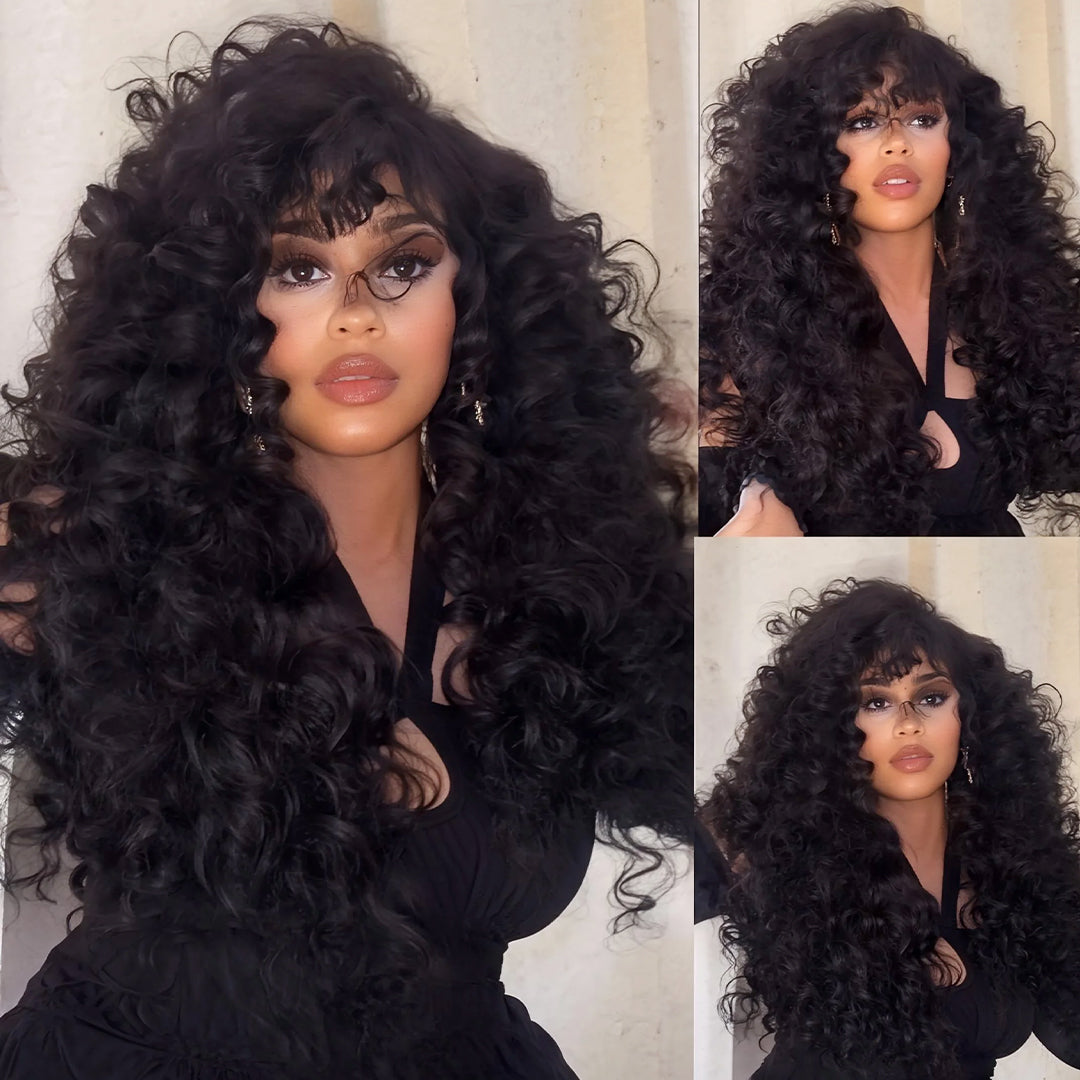 300 density bouncy loose curl human hair wig with transparent lace front, glueless wear and go design with natural hairline and full salon style volume