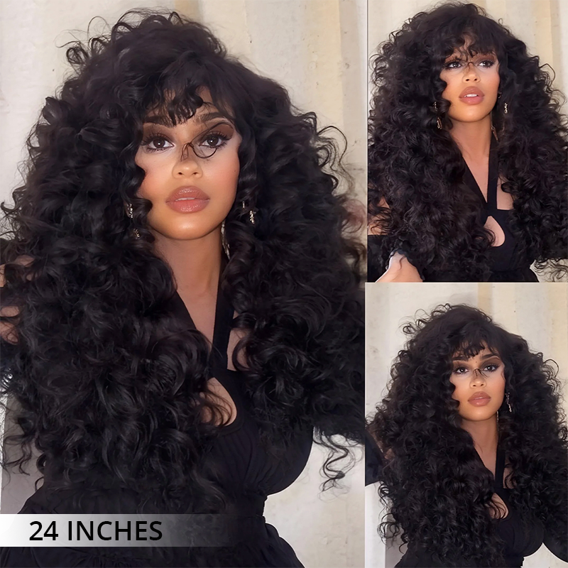 300 density loose curl human hair wig with transparent lace front, glueless install design, soft layered curls with natural volume and movement