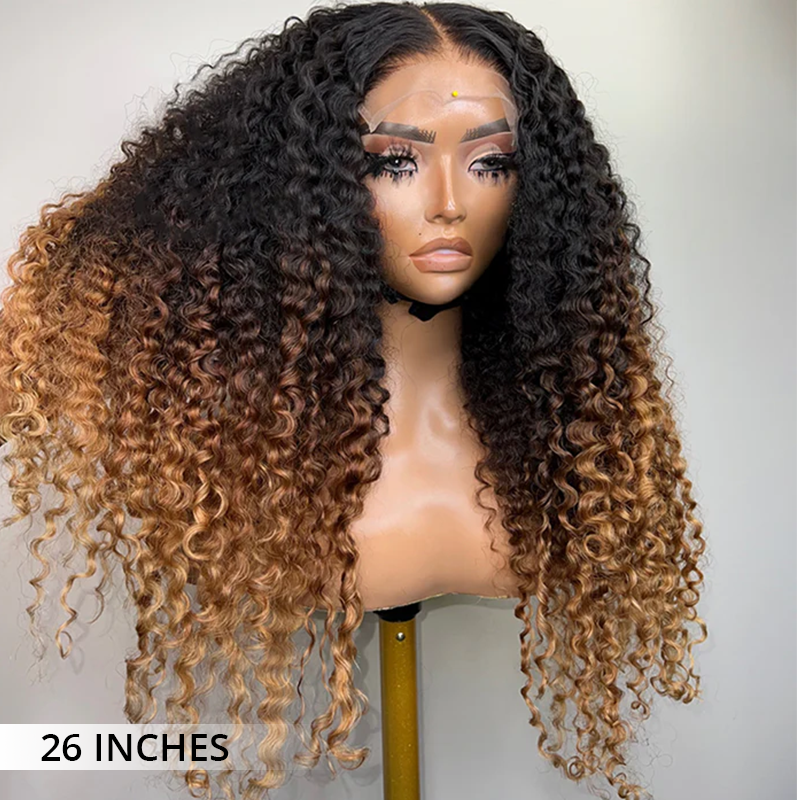 300% density curly human hair wig in an ombre brown color