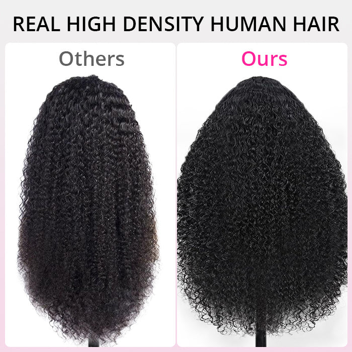 Luxury curly human hair lace front wig featuring 300% density, transparent lace, soft defined curls and salon-quality volume