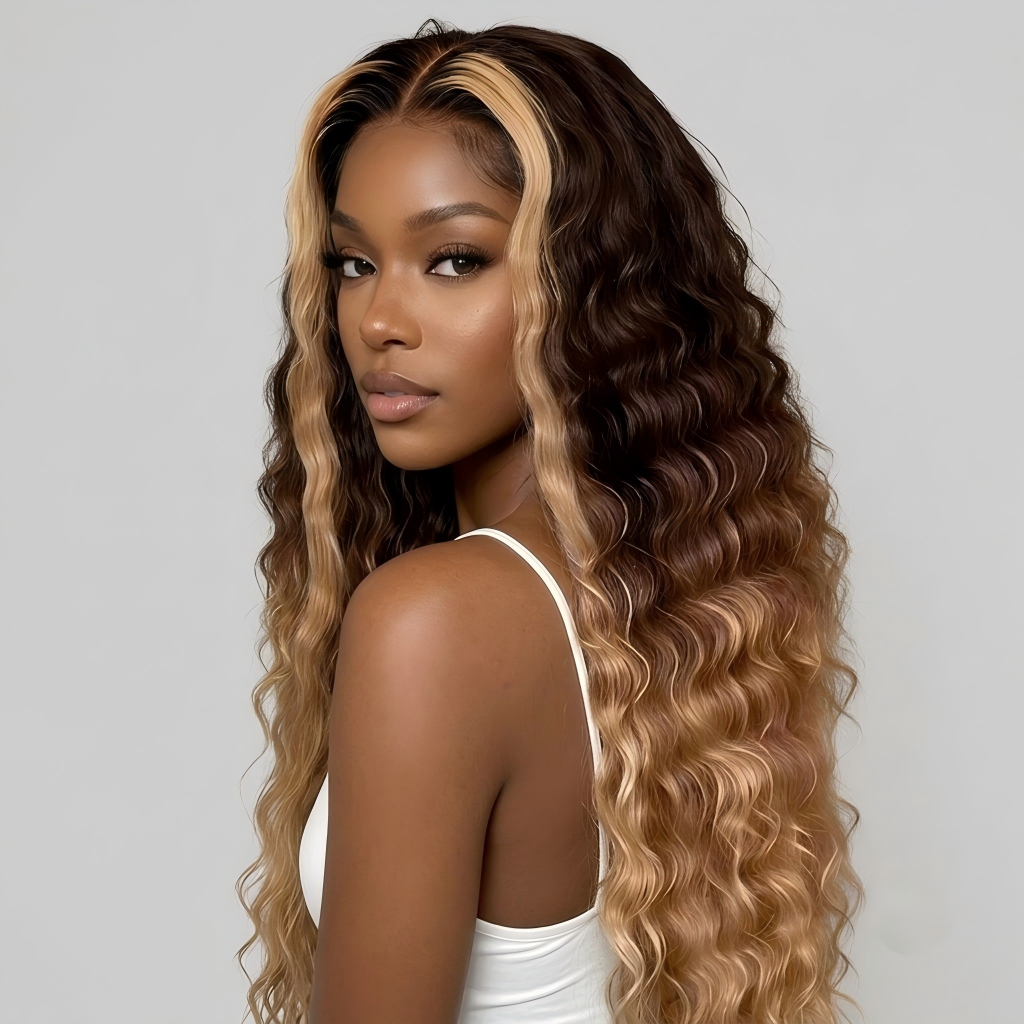 300% density ombre human hair wig with brown and blonde highlights