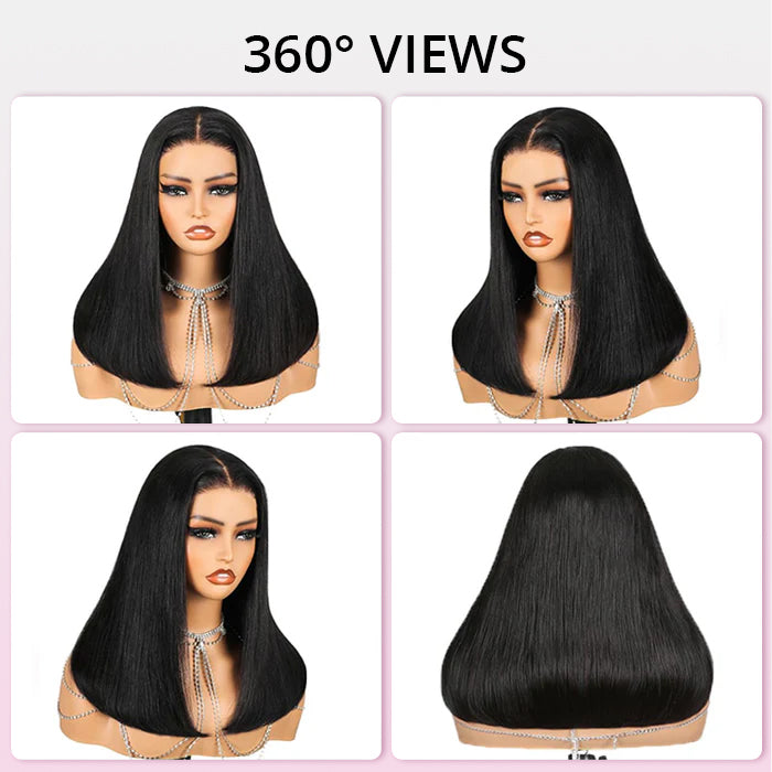 300% Density Bob Lace Wig Pre Cut Straight Human Hair Lace Closure Wigs Bleach Knots