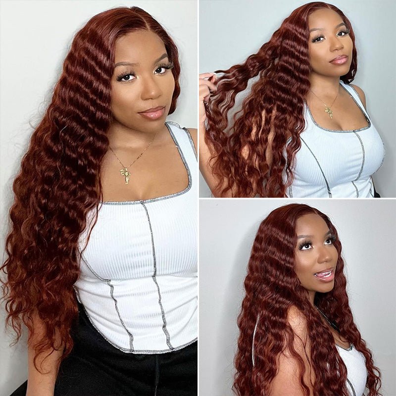 Clearance Sale | #33 Reddish Brown Deep Wave Wigs Virgin Human Hair Transparent Lace Front Wigs For Women