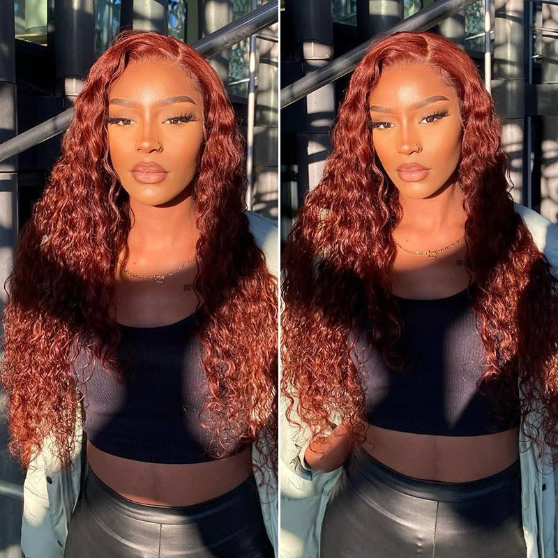 Clearance Sale | #33 Reddish Brown Deep Wave Wigs Virgin Human Hair Transparent Lace Front Wigs For Women
