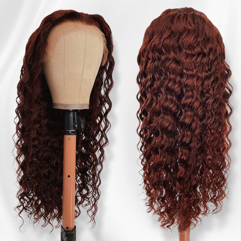 Clearance Sale | #33 Reddish Brown Deep Wave Wigs Virgin Human Hair Transparent Lace Front Wigs For Women