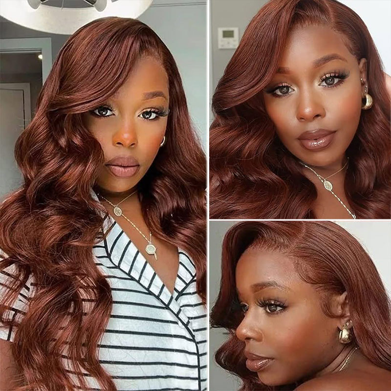Flash Sale | #33 Reddish Brown Body Wave Wigs Transparent Lace Front 100% Virgin Human Hair Wigs