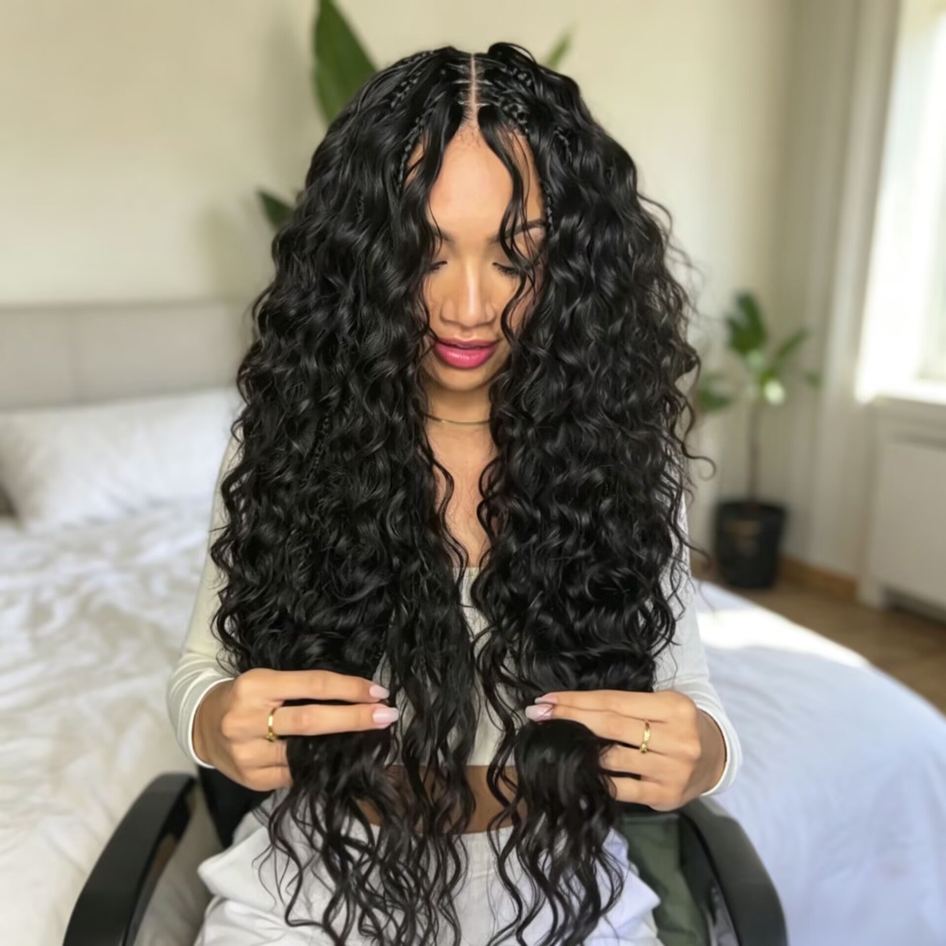 Zlike Glueless Long Loose Curls with Braided Parting 7x5 & 13x4 Transparent Lace Front Pre-Plucked Ready to Wear