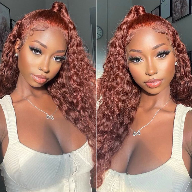 Water Wave Lace Front Human Hair Wigs Brown Brunette Auburn Copper Color
