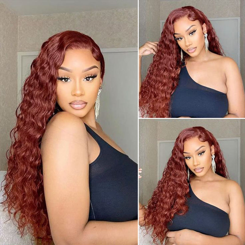 Water Wave Lace Front Human Hair Wigs Brown Brunette Auburn Copper Color