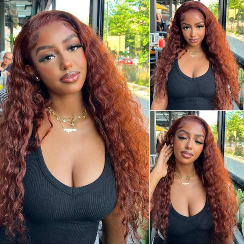 Water Wave Lace Front Human Hair Wigs Brown Brunette Auburn Copper Color