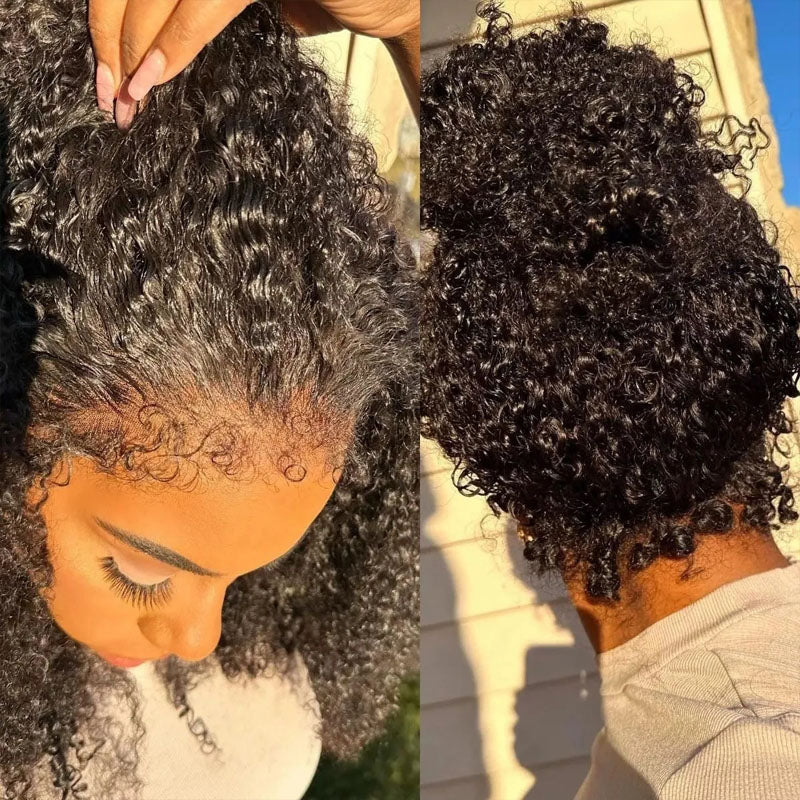 Zlike 4C Curly Edge 300% Density Human Hair Wigs Water Wave Pre Cut Glueless Invisi-Band 360 Lace Frontal Wigs