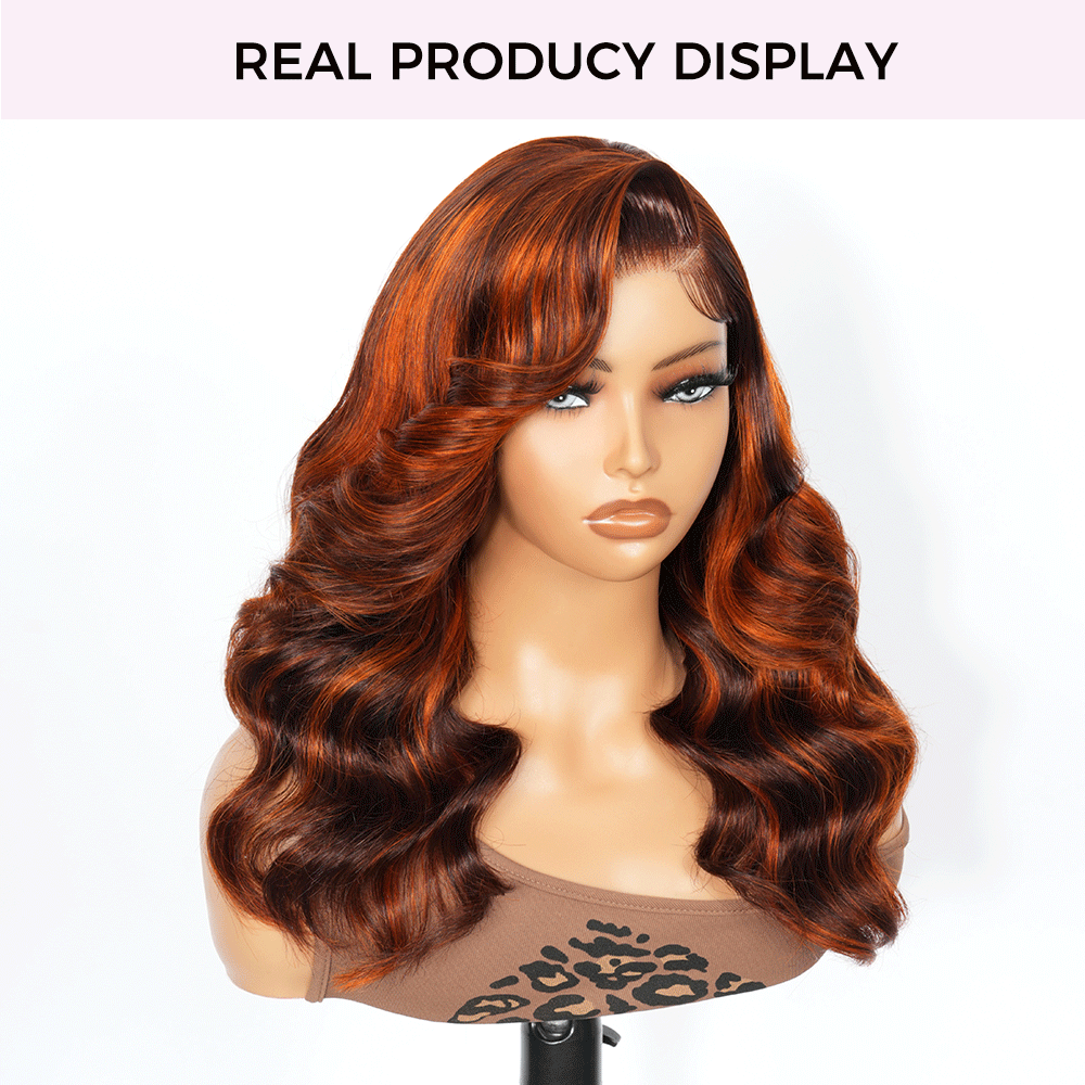 Zlike Ginger Highlight Brown Bob Wig Layer Cut Pre-Styled Body Wave Short Human Hair Wig Transparent Lace Glueless Wig