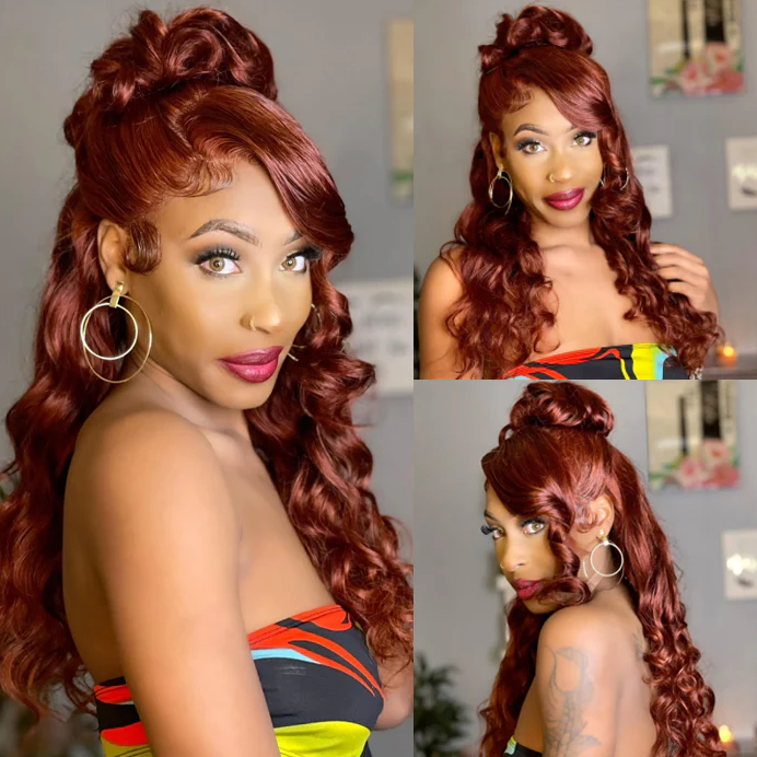 #33 Reddish Brown Glueless Invisi-Band Human Hair Wigs Body Wave Pre Cut 360 Lace Frontal Wig